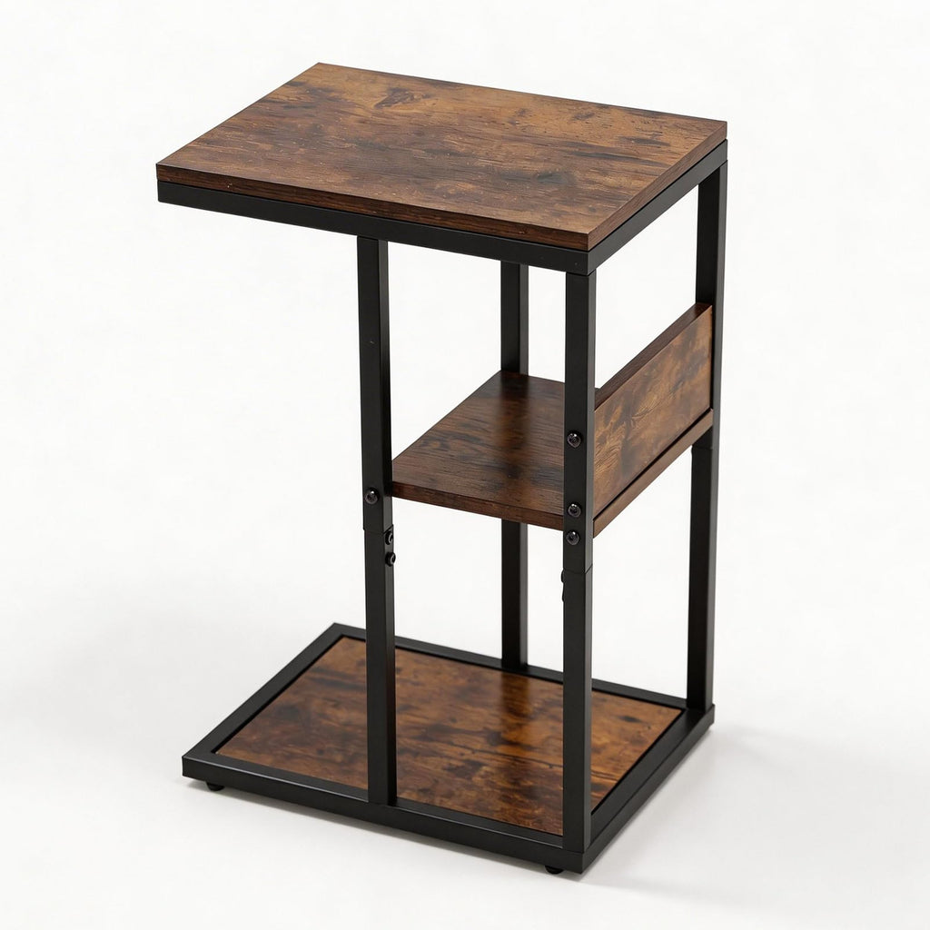 Brown 3 Tier C-Shaped Side Table with Storage Shelves and Metal Frame A75184