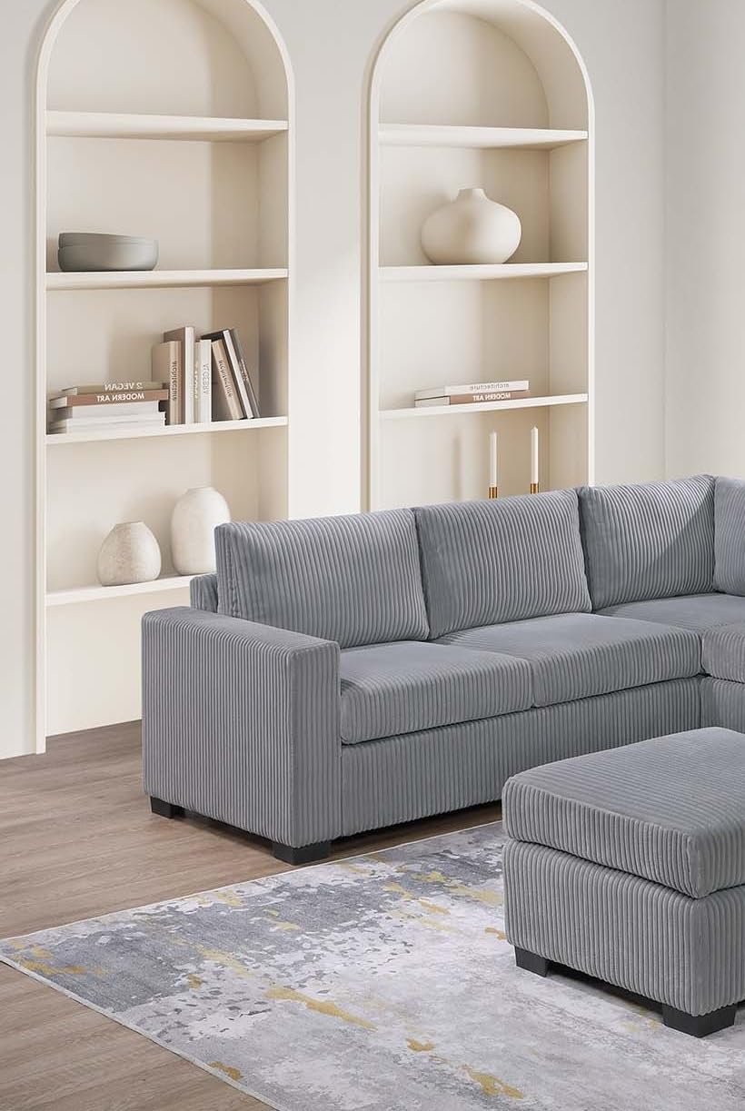 Light Gray Corduroy Upholstered Sectional Sofa Set E2574