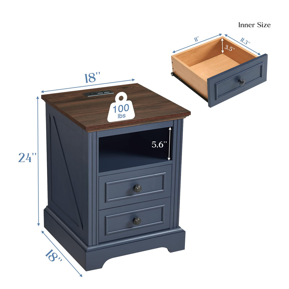 Blue 2 Drawer Nightstand with Charging Station R1941