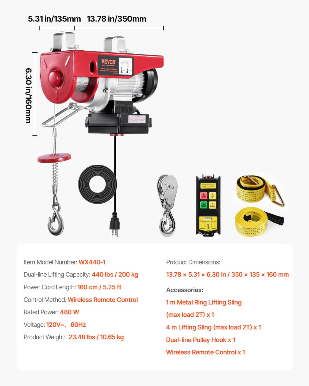 110v 440lbs Electric Hoist with Wireless Remote Control P103