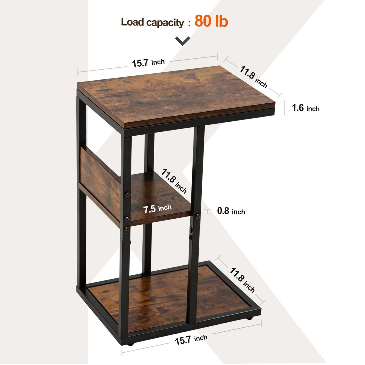 Brown 3 Tier C-Shaped Side Table with Storage Shelves and Metal Frame A75184