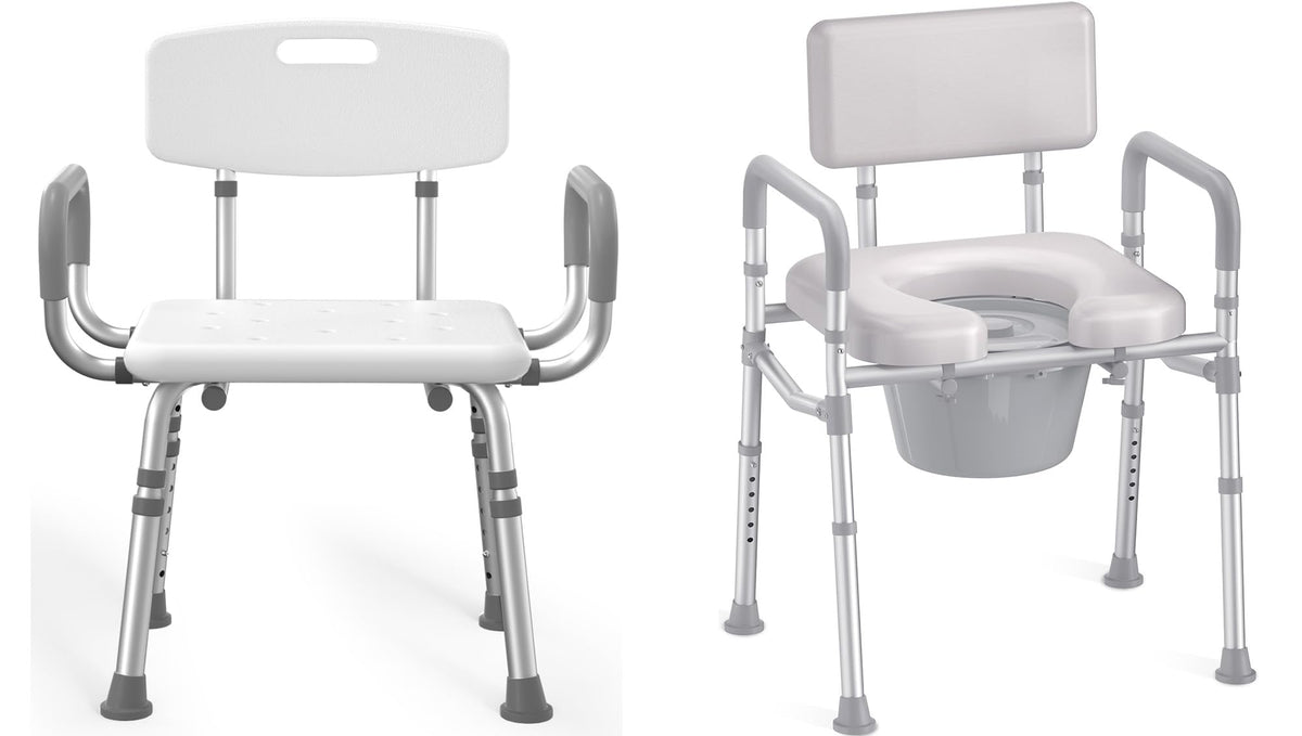 Shower Chair with Arms and Back and Bedside Commode with Padded Seat and Backrest U376