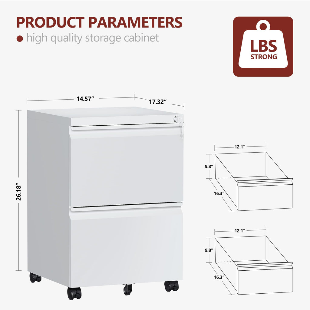 2 Drawer White Metal File Cabinet with Lock and Wheels S5097