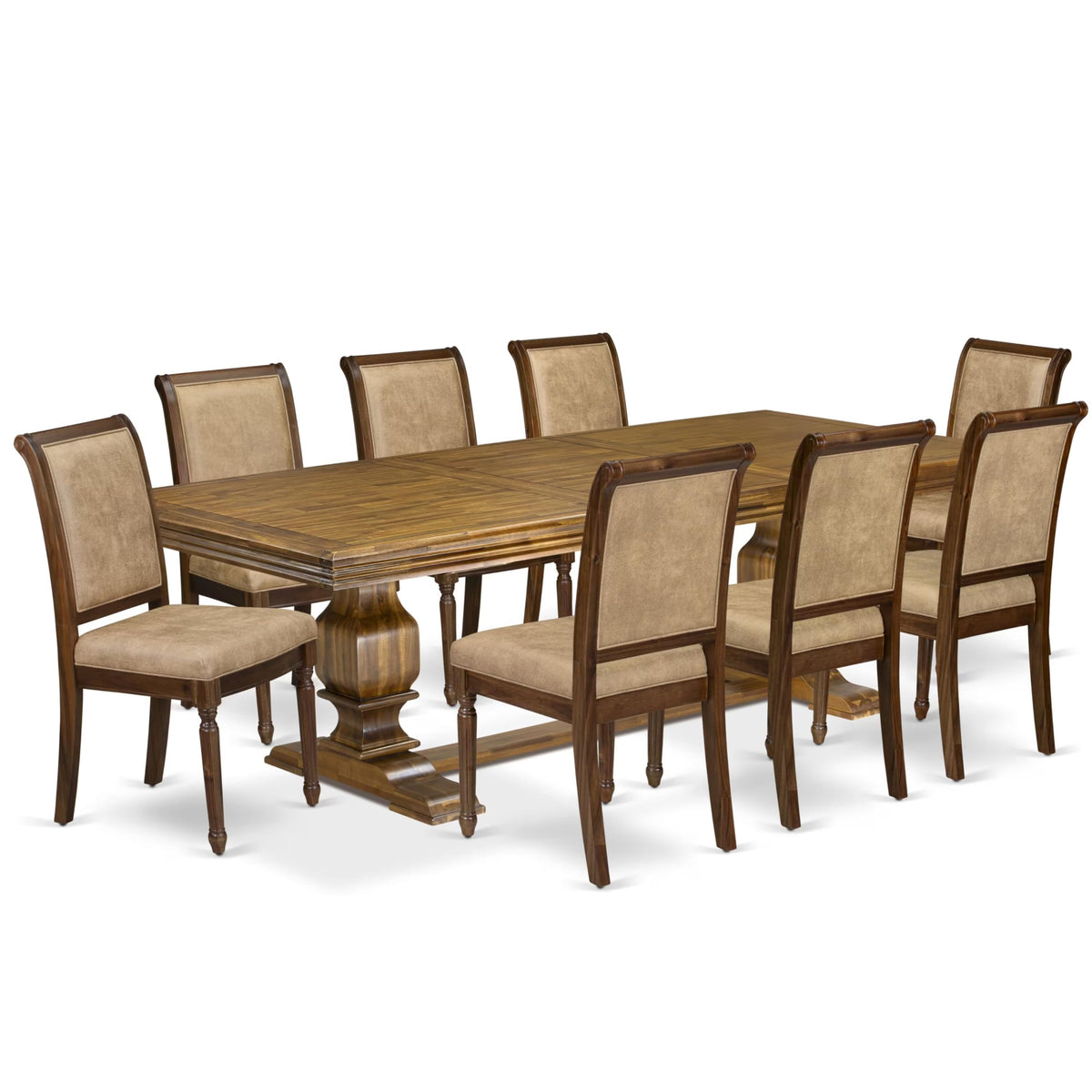 9 Piece Dining Table Set with 8 Beige Fabric Chairs C16538