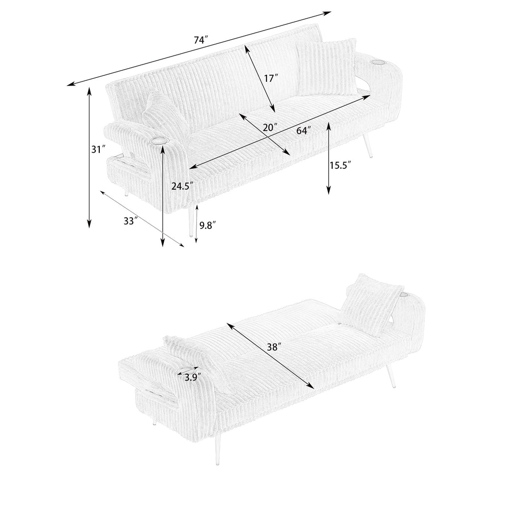 74" Pink Corduroy Convertible Sofa Bed with Cup Holder O708