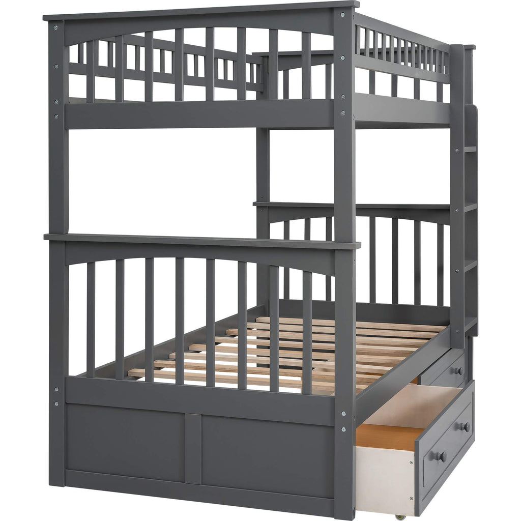 Grey Convertible Wood Twin-Over-Twin Bunk Bed with Storage Drawers and Ladder J65865