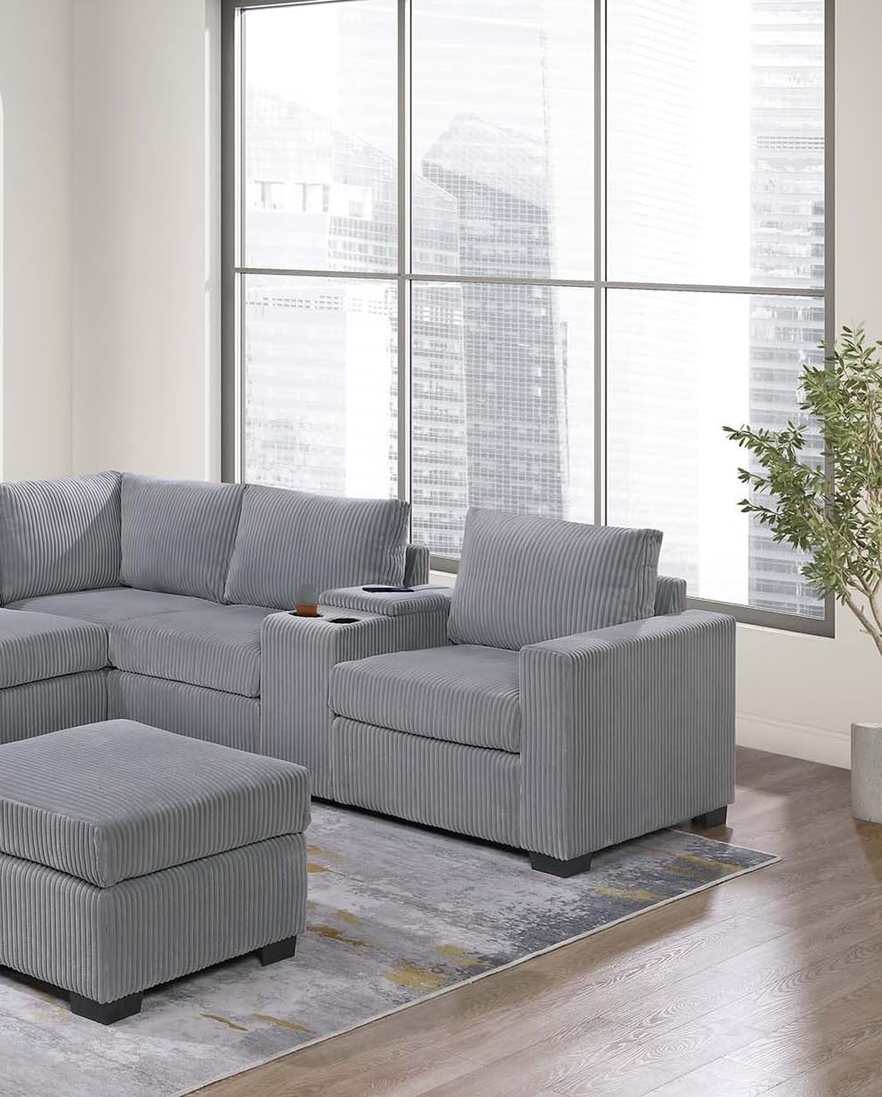 Light Gray Corduroy Upholstered Sectional Sofa Set E2574