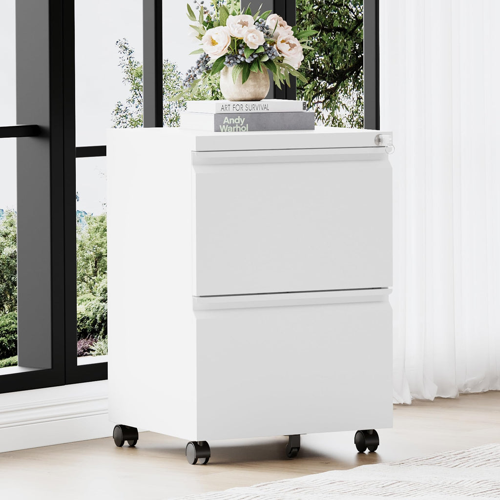 2 Drawer White Metal File Cabinet with Lock and Wheels S5097