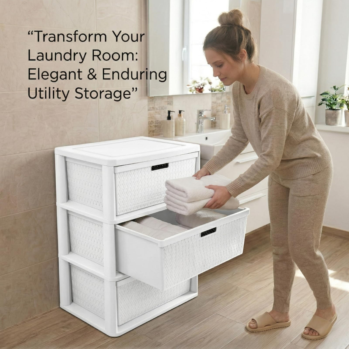 Opaque White 3-Drawer Plastic Storage Tower S143