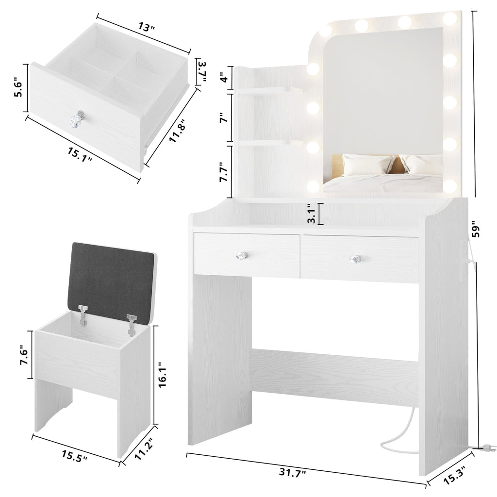 White Vanity Desk with Mirror Lights and Storage Stool B124