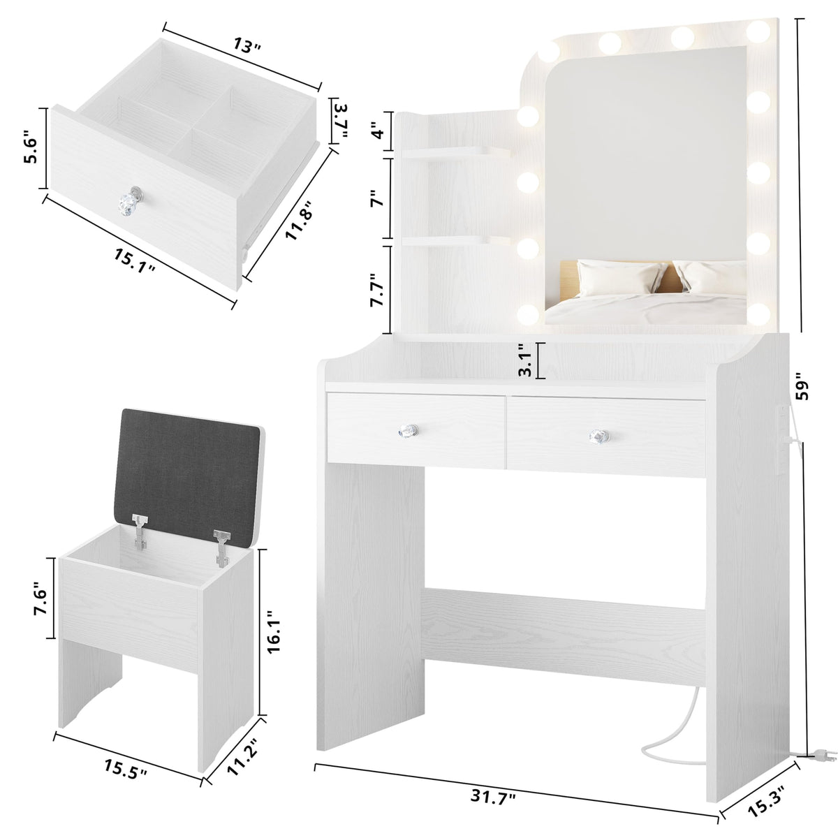White Vanity Desk with Mirror Lights and Storage Stool B124