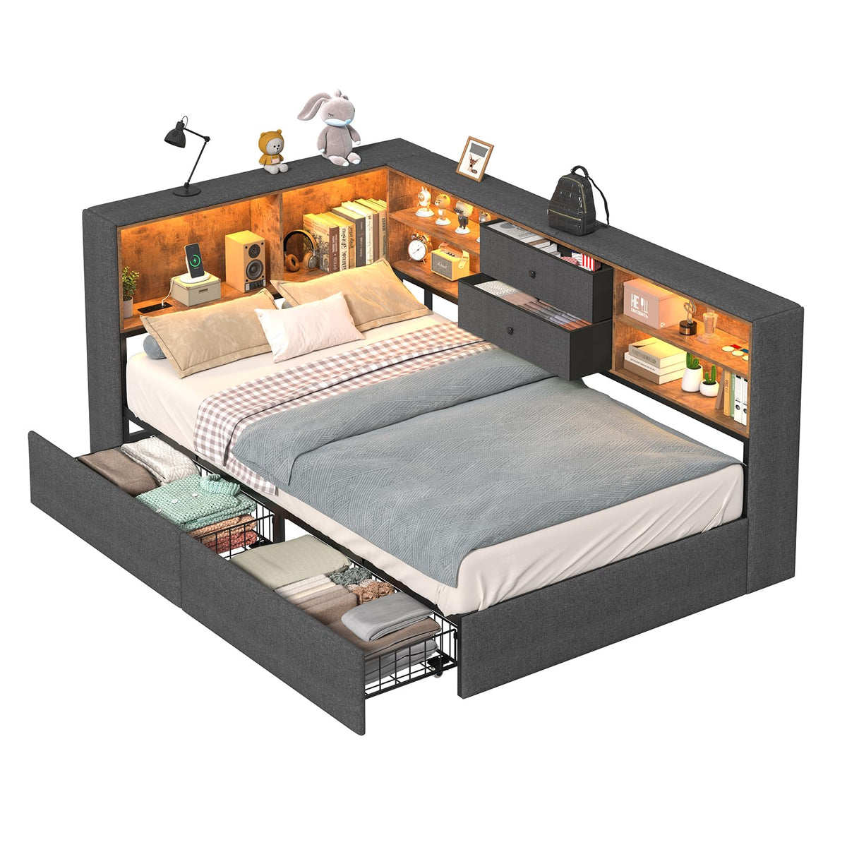 Twin Corner Bed Frame with Storage Drawers P4393