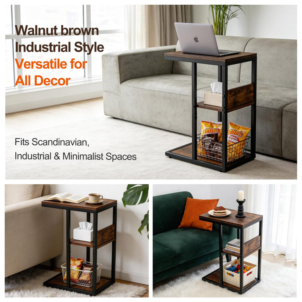 Brown 3 Tier C-Shaped Side Table with Storage Shelves and Metal Frame A75184