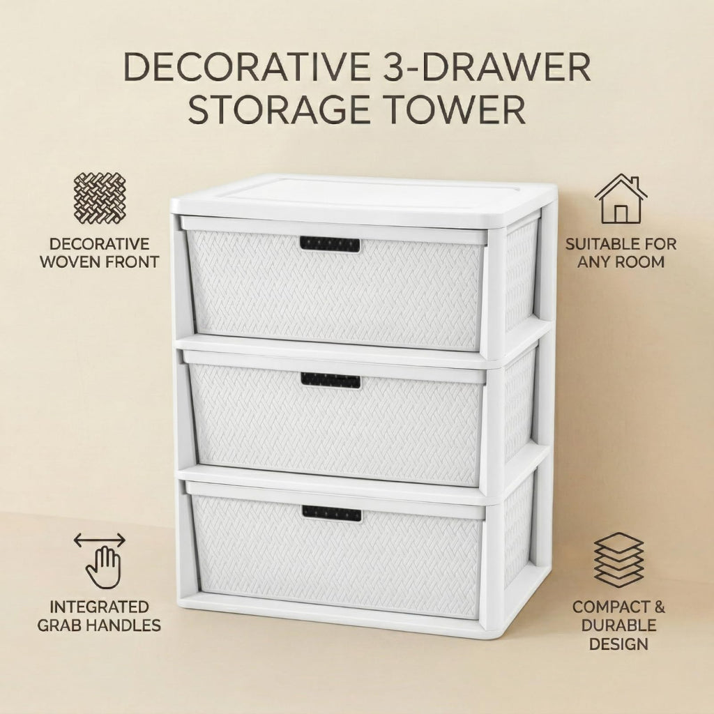 Opaque White 3-Drawer Plastic Storage Tower S143