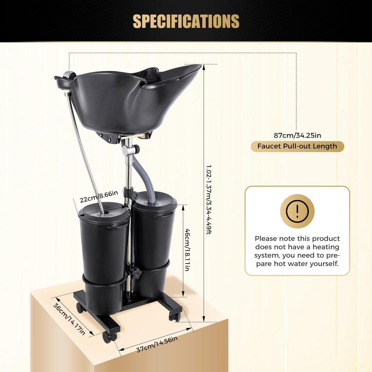 Portable Shampoo Bowl with Electric Pump, Adjustable Height, 2 Buckets, Black W625