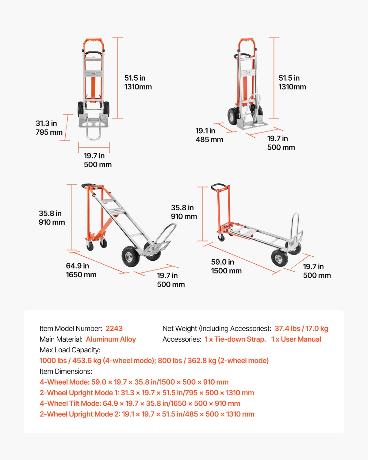 4 in 1 Hand Truck Dolly 1000 lbs Load Capacity L126