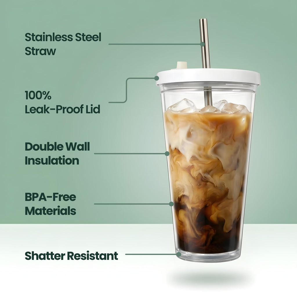 24 oz BPA-Free Double-Wall Insulated Plastic Tumbler with Lid and Straw D555