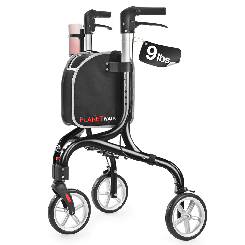 Super Lightweight 3 Wheel Foldable Aluminum Walker with Cup Holder, Black Z717
