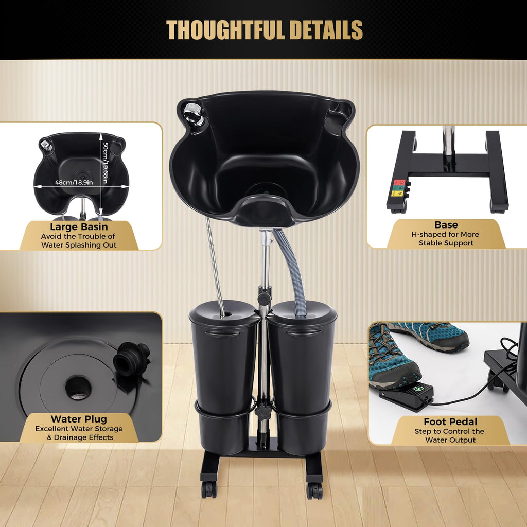 Portable Shampoo Bowl with Electric Pump, Adjustable Height, 2 Buckets, Black W625
