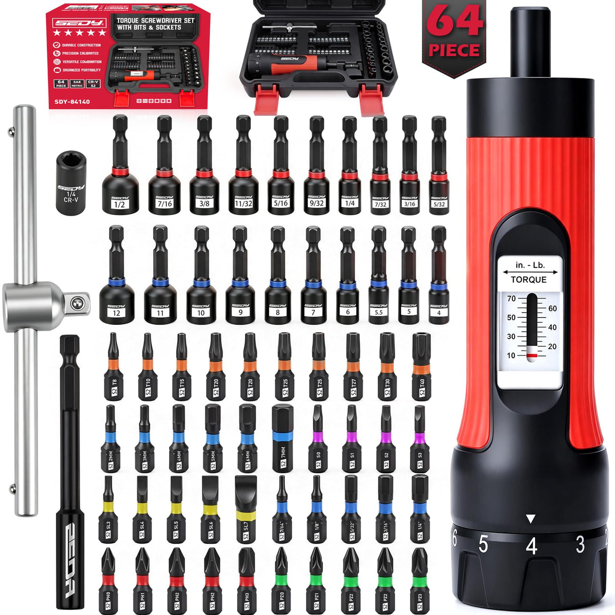 64-Piece Torque Screwdriver Set, 10-70 in-lb, 1/4" Drive O274642