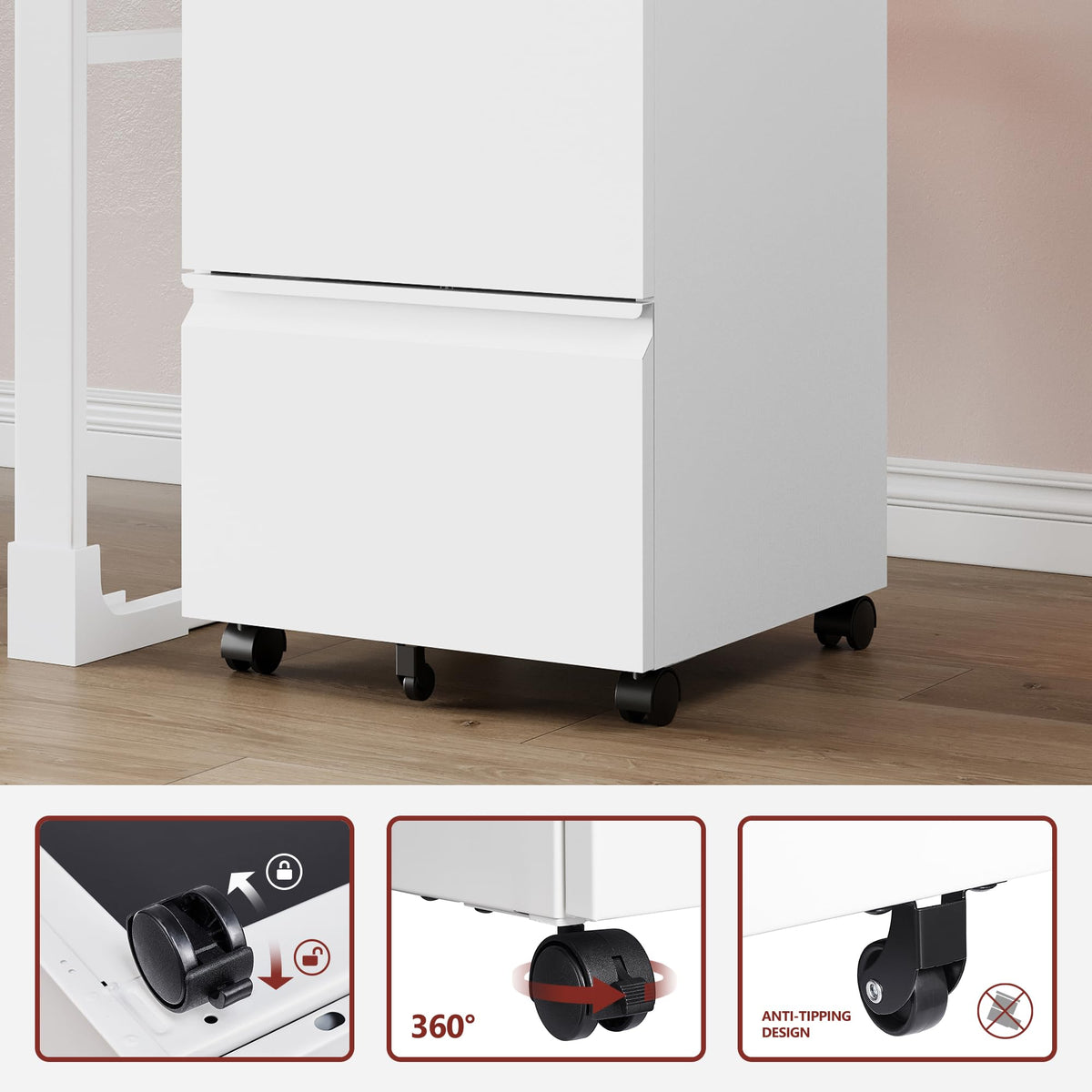 2 Drawer White Metal File Cabinet with Lock and Wheels S5097