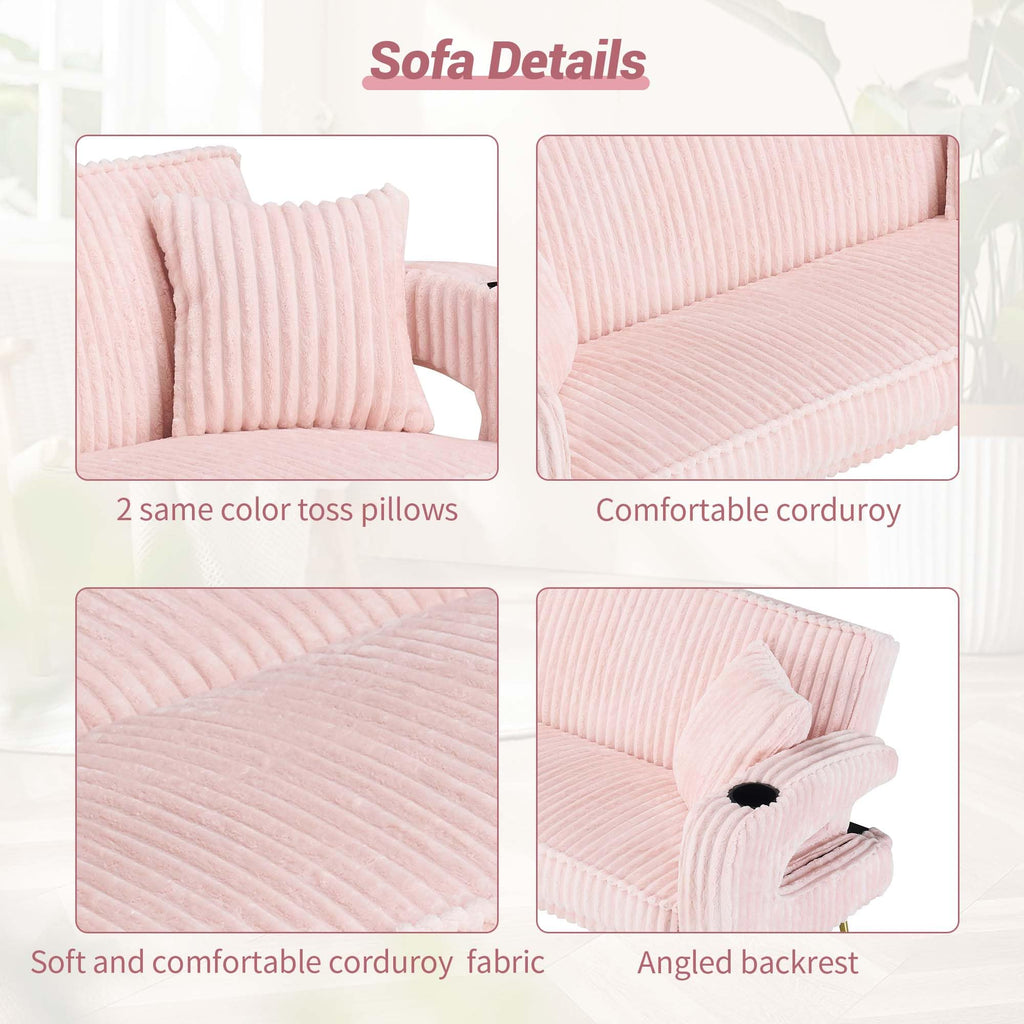 74" Pink Corduroy Convertible Sofa Bed with Cup Holder O708