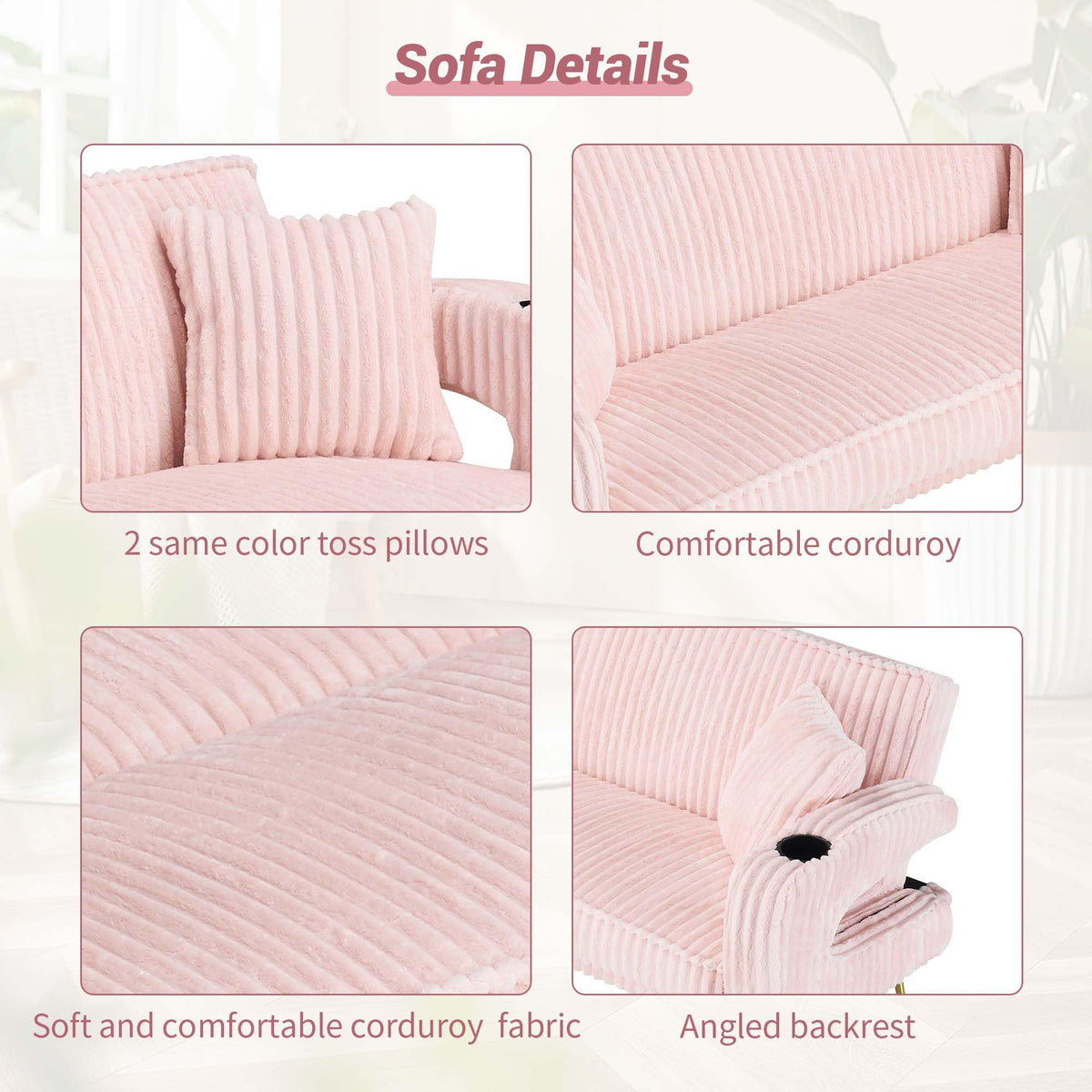 74" Pink Corduroy Convertible Sofa Bed with Cup Holder O708