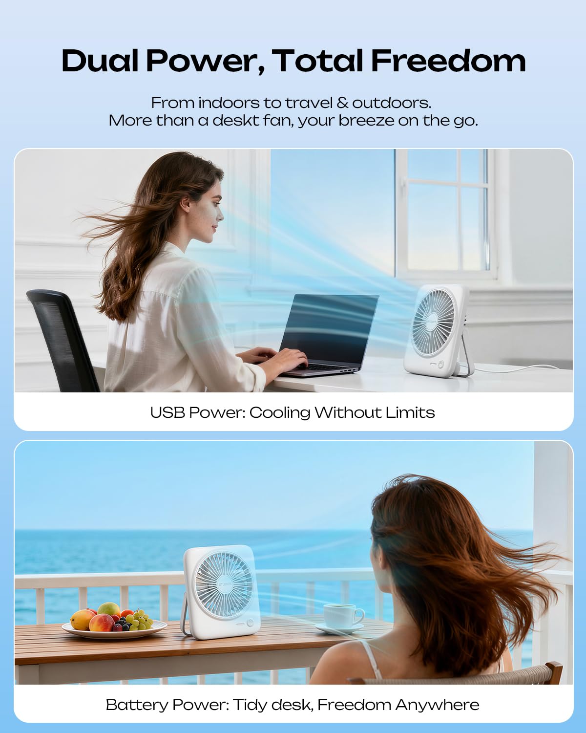 Portable Rechargeable Desk Fan 4000mAh 4-Speed 6.5 Inch White M692277