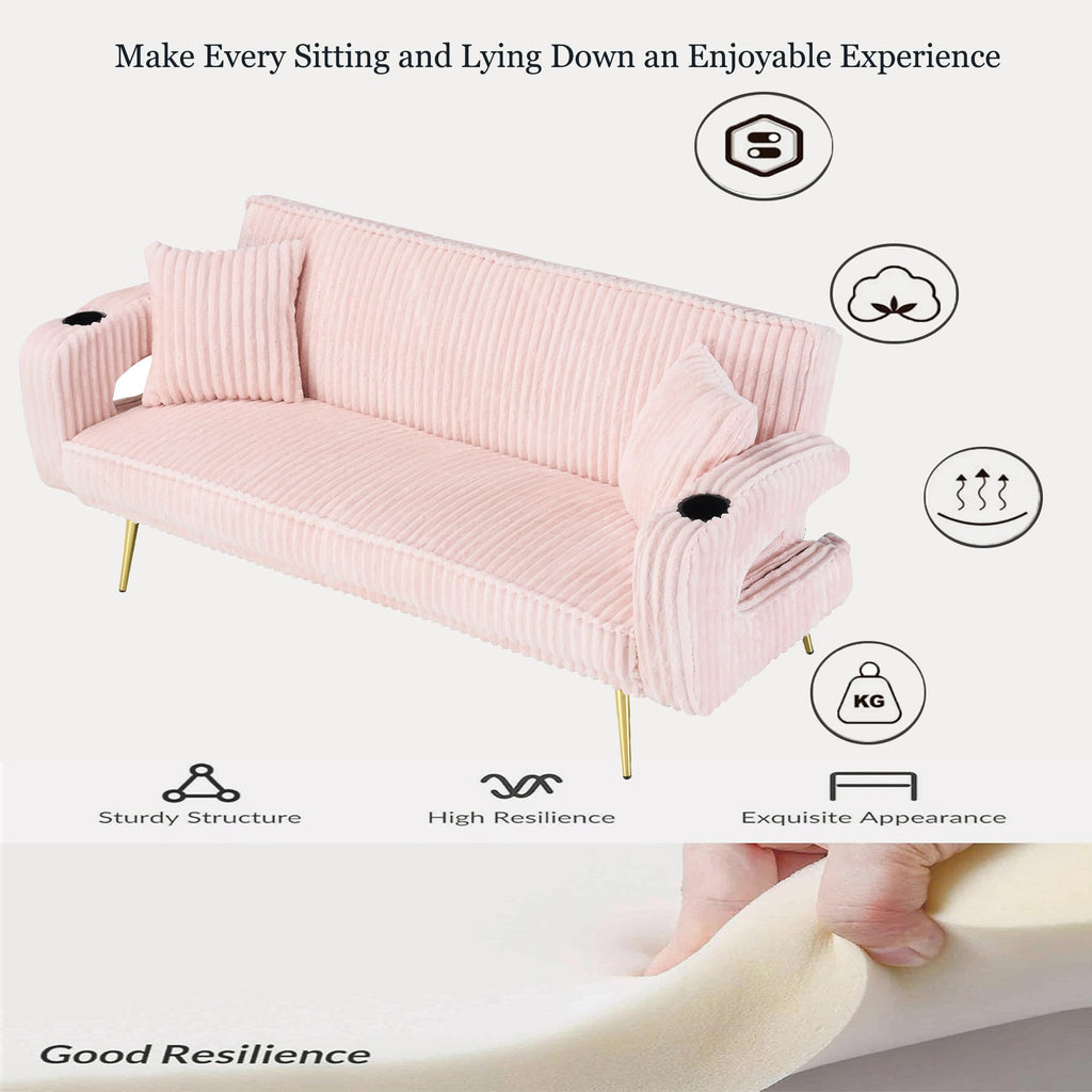 74" Pink Corduroy Convertible Sofa Bed with Cup Holder O708