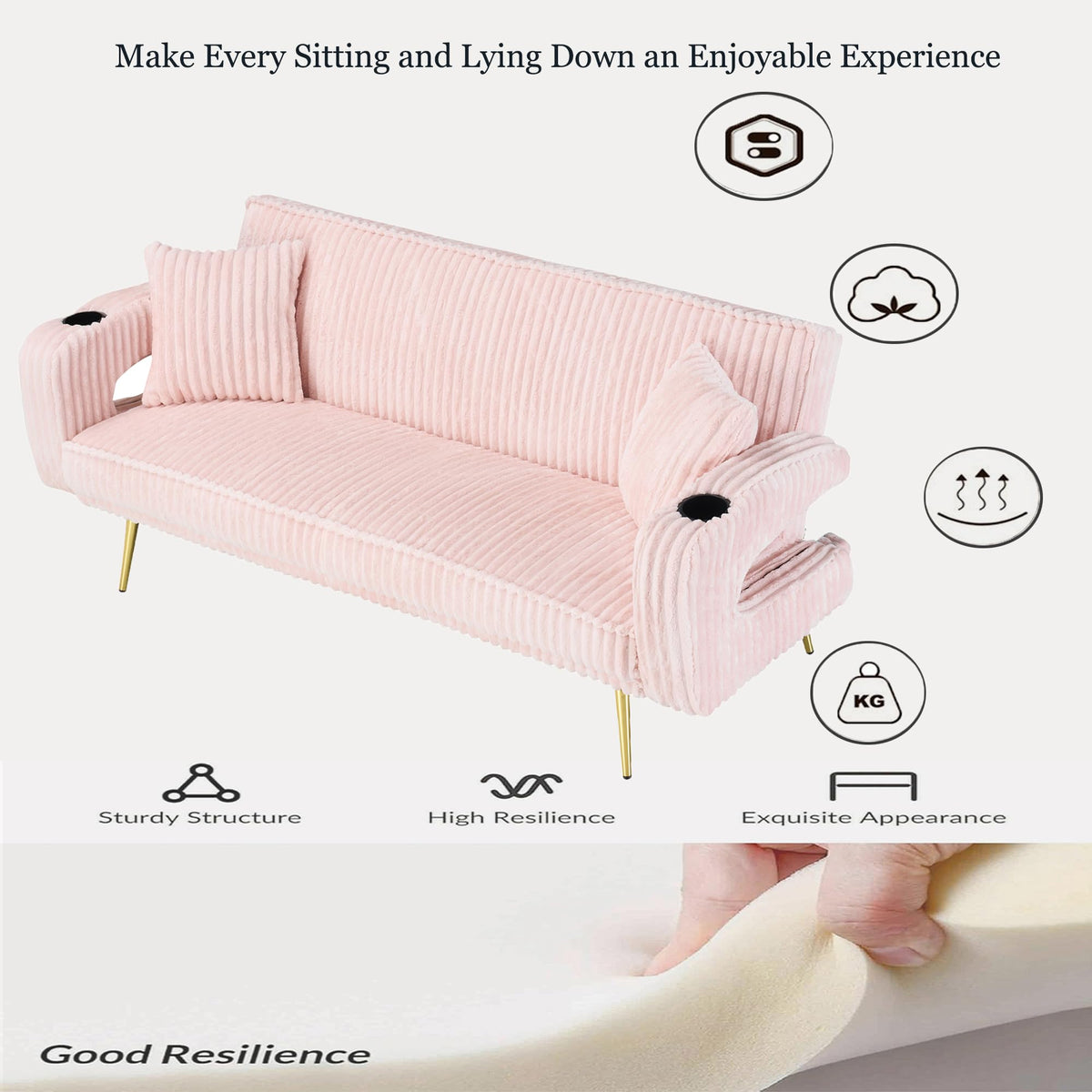 74" Pink Corduroy Convertible Sofa Bed with Cup Holder O708