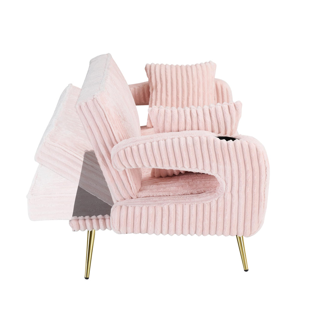 74" Pink Corduroy Convertible Sofa Bed with Cup Holder O708