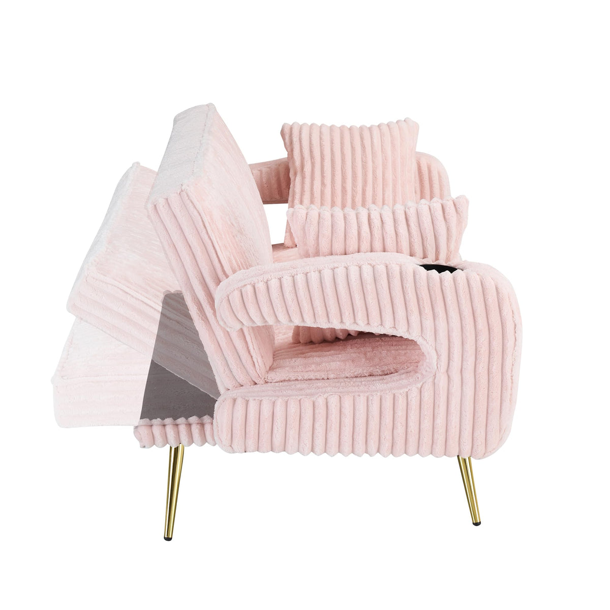 74" Pink Corduroy Convertible Sofa Bed with Cup Holder O708
