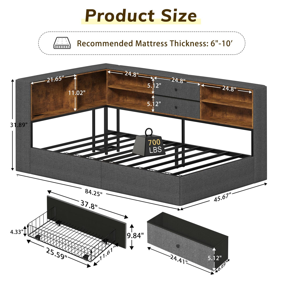 Twin Corner Bed Frame with Storage Drawers P4393
