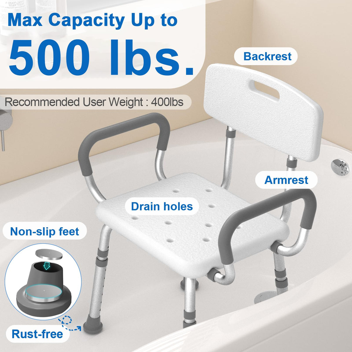 Shower Chair with Arms and Back and Bedside Commode with Padded Seat and Backrest U376