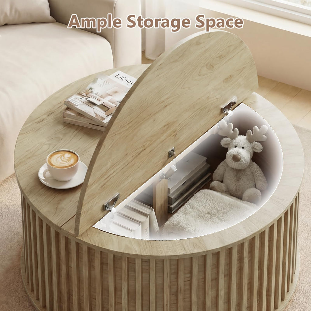 Round Coffee Table with Storage, 35.43" Fluted Center Table N558