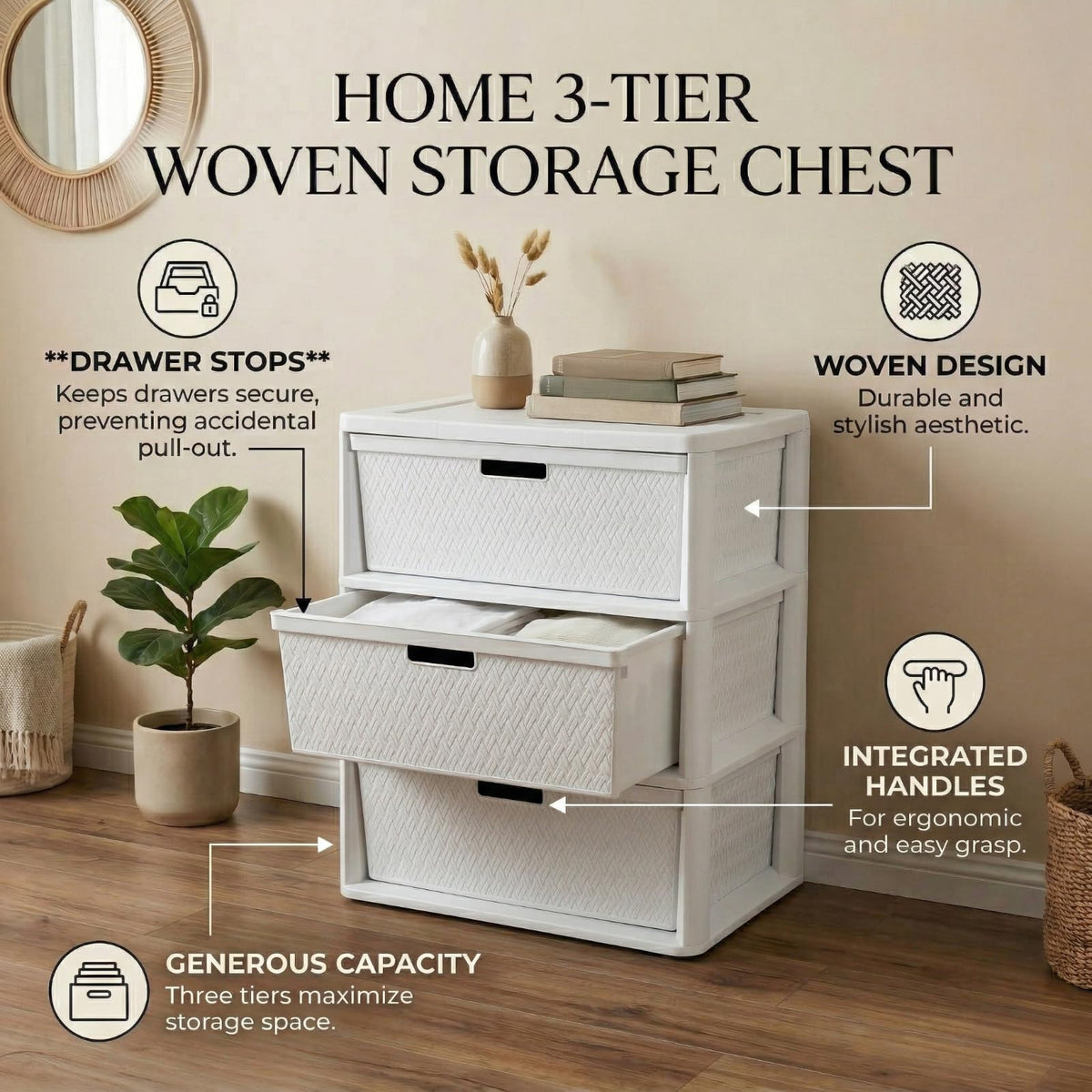 Opaque White 3-Drawer Plastic Storage Tower S143