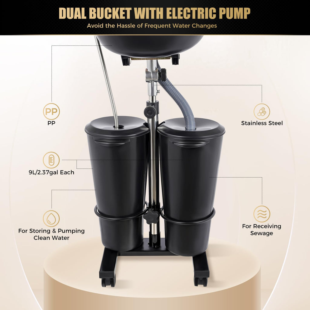 Portable Shampoo Bowl with Electric Pump, Adjustable Height, 2 Buckets, Black W625