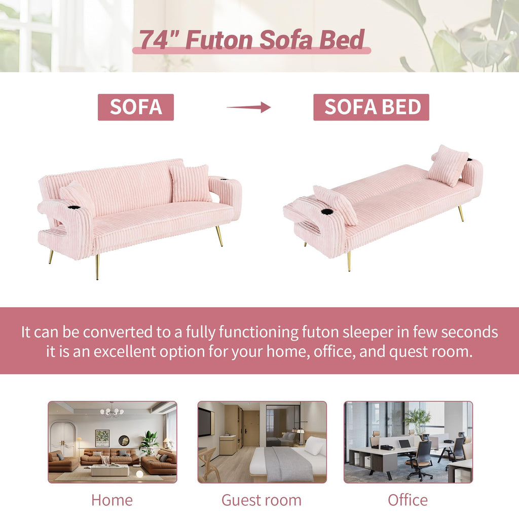74" Pink Corduroy Convertible Sofa Bed with Cup Holder O708