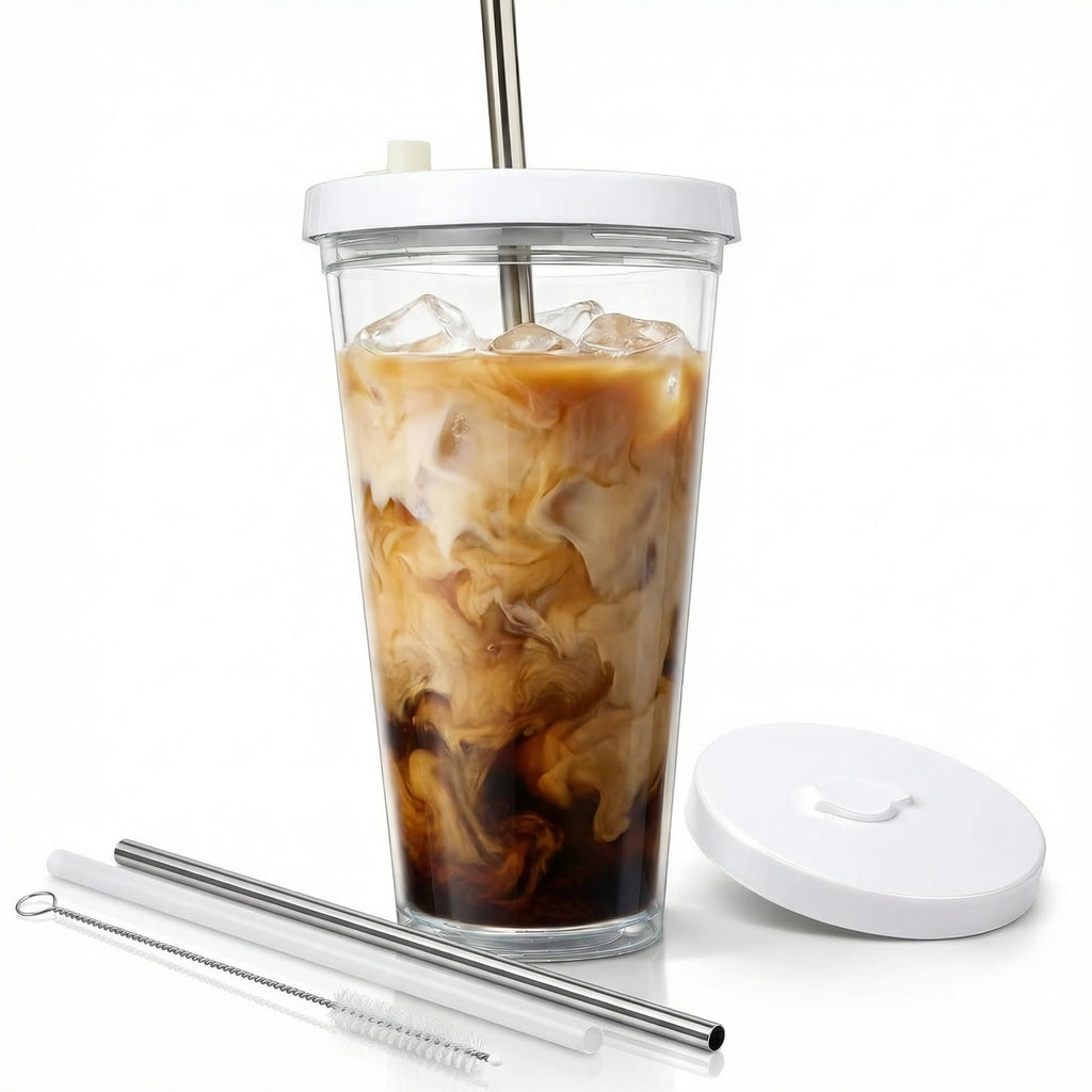24 oz BPA-Free Double-Wall Insulated Plastic Tumbler with Lid and Straw D555