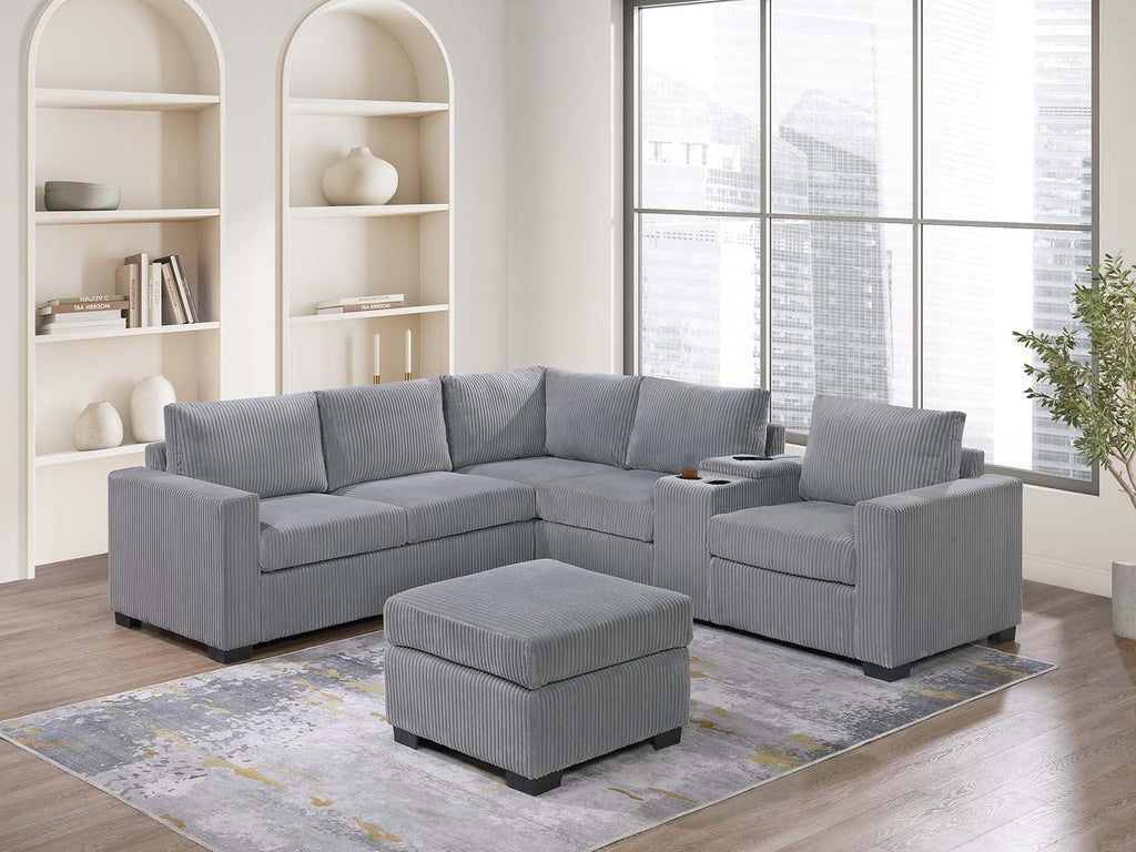Light Gray Corduroy Upholstered Sectional Sofa Set E2574