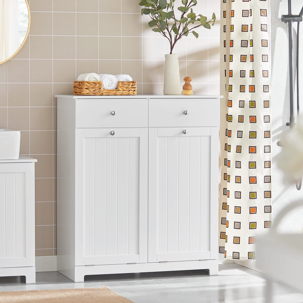 White Laundry Hamper Cabinet with 2 Baskets I337079