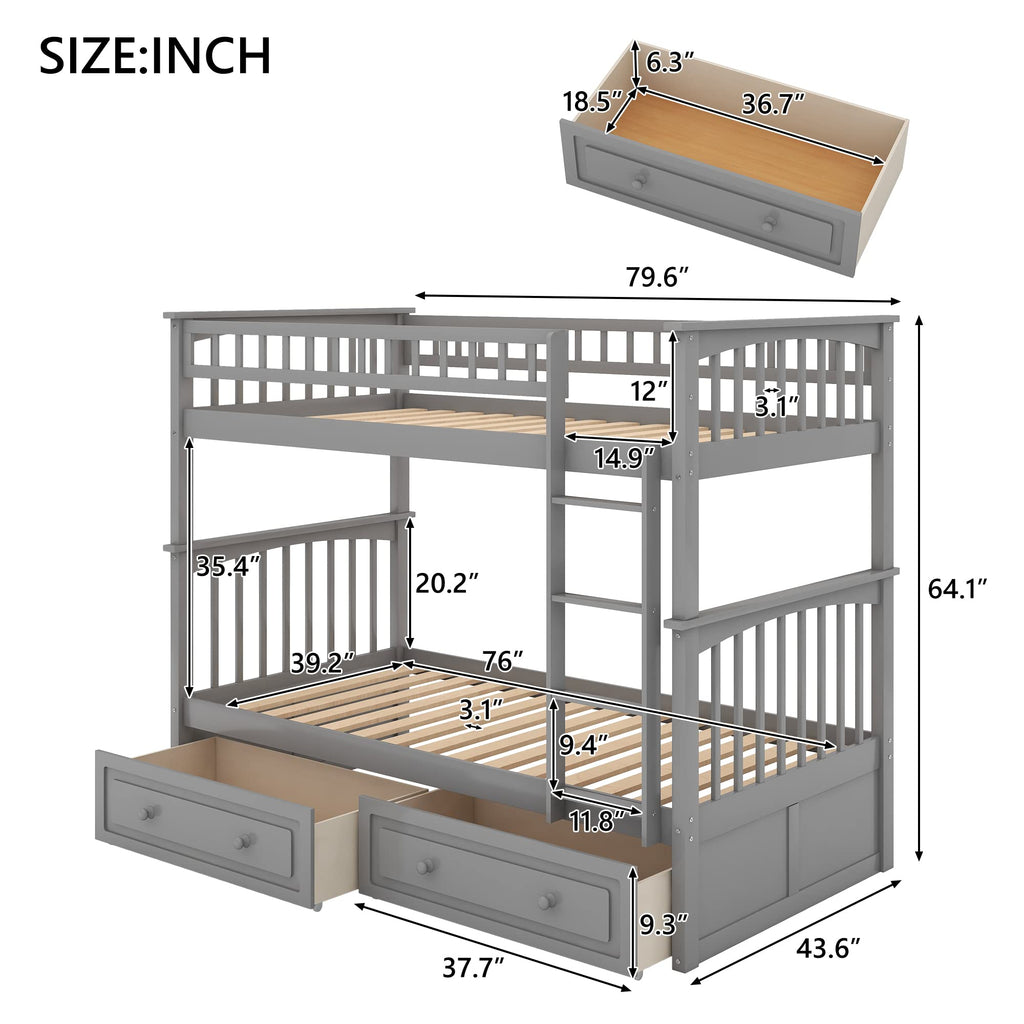 Grey Convertible Wood Twin-Over-Twin Bunk Bed with Storage Drawers and Ladder J65865