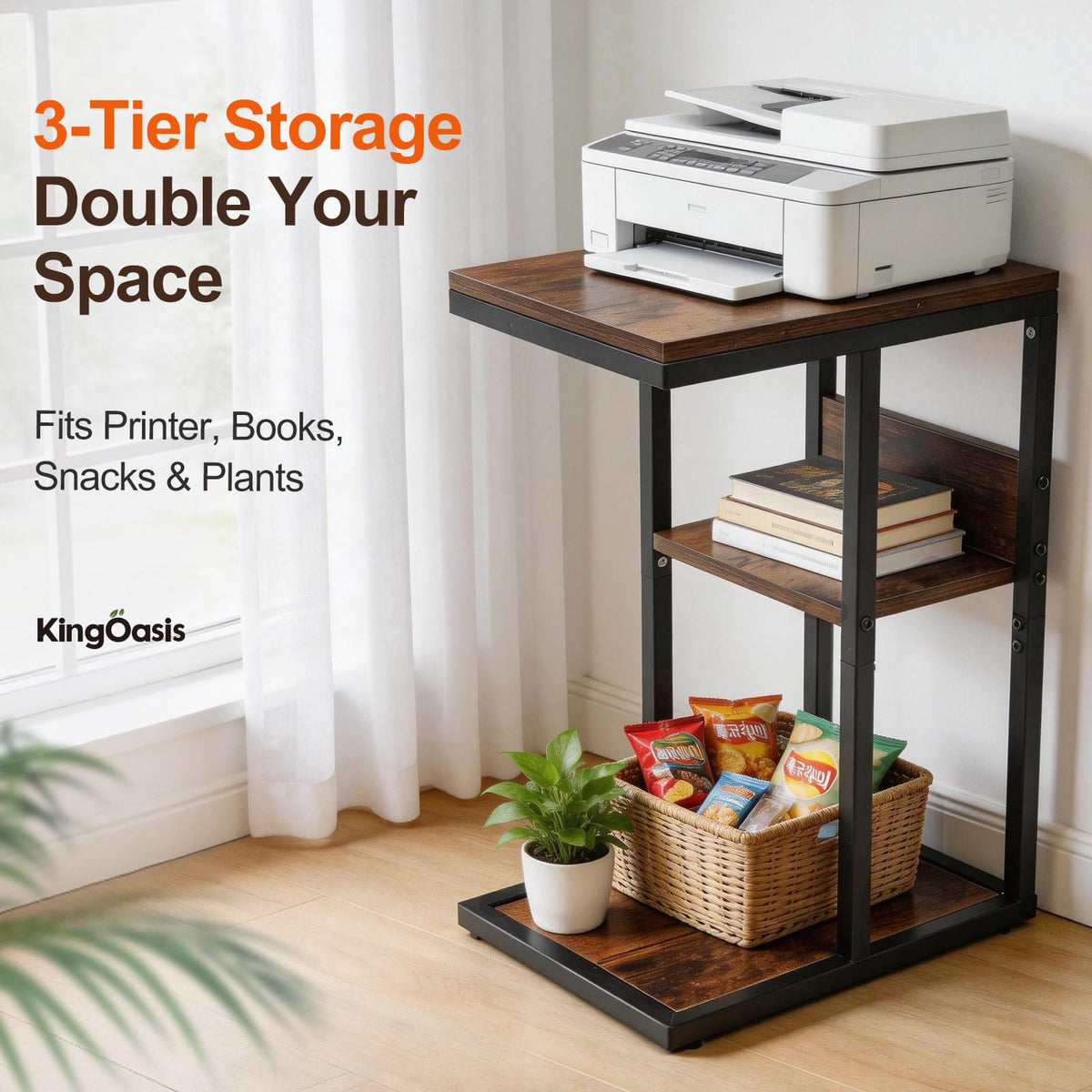 Brown 3 Tier C-Shaped Side Table with Storage Shelves and Metal Frame A75184