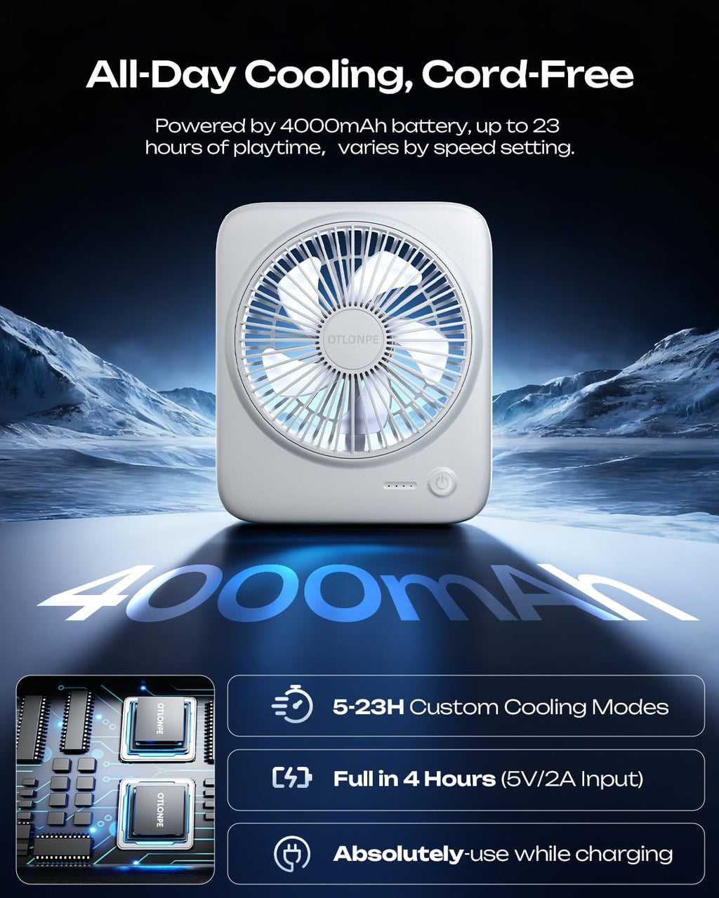 Portable Rechargeable Desk Fan 4000mAh 4-Speed 6.5 Inch White M692277