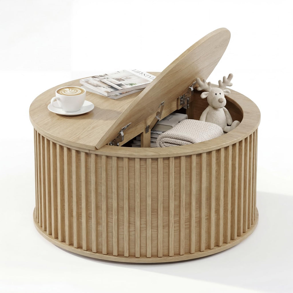 Round Coffee Table with Storage, 35.43" Fluted Center Table N558