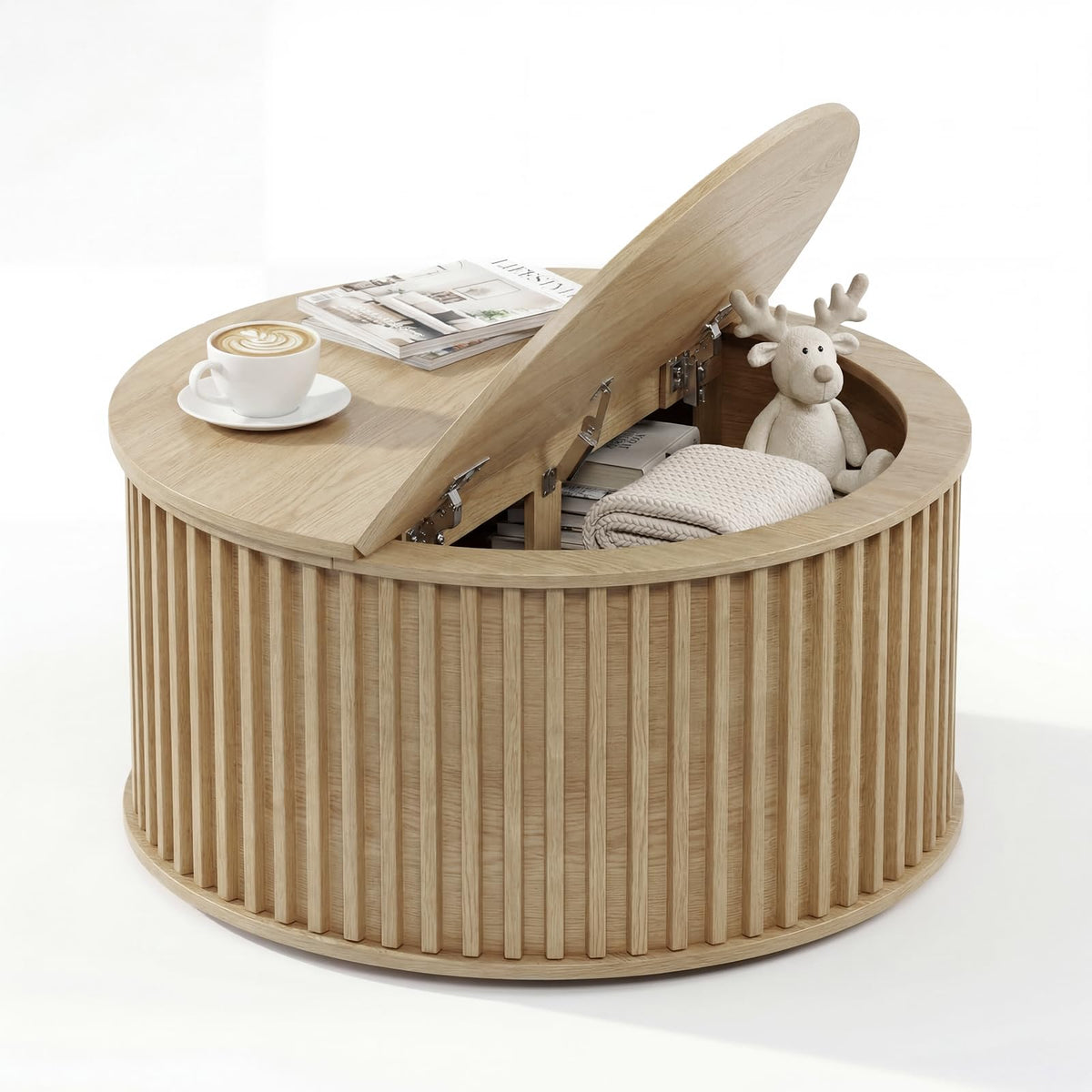 Round Coffee Table with Storage, 35.43" Fluted Center Table N558