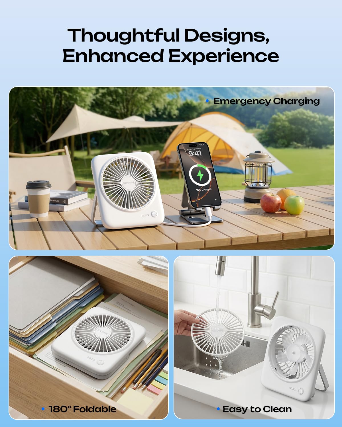 Portable Rechargeable Desk Fan 4000mAh 4-Speed 6.5 Inch White M692277