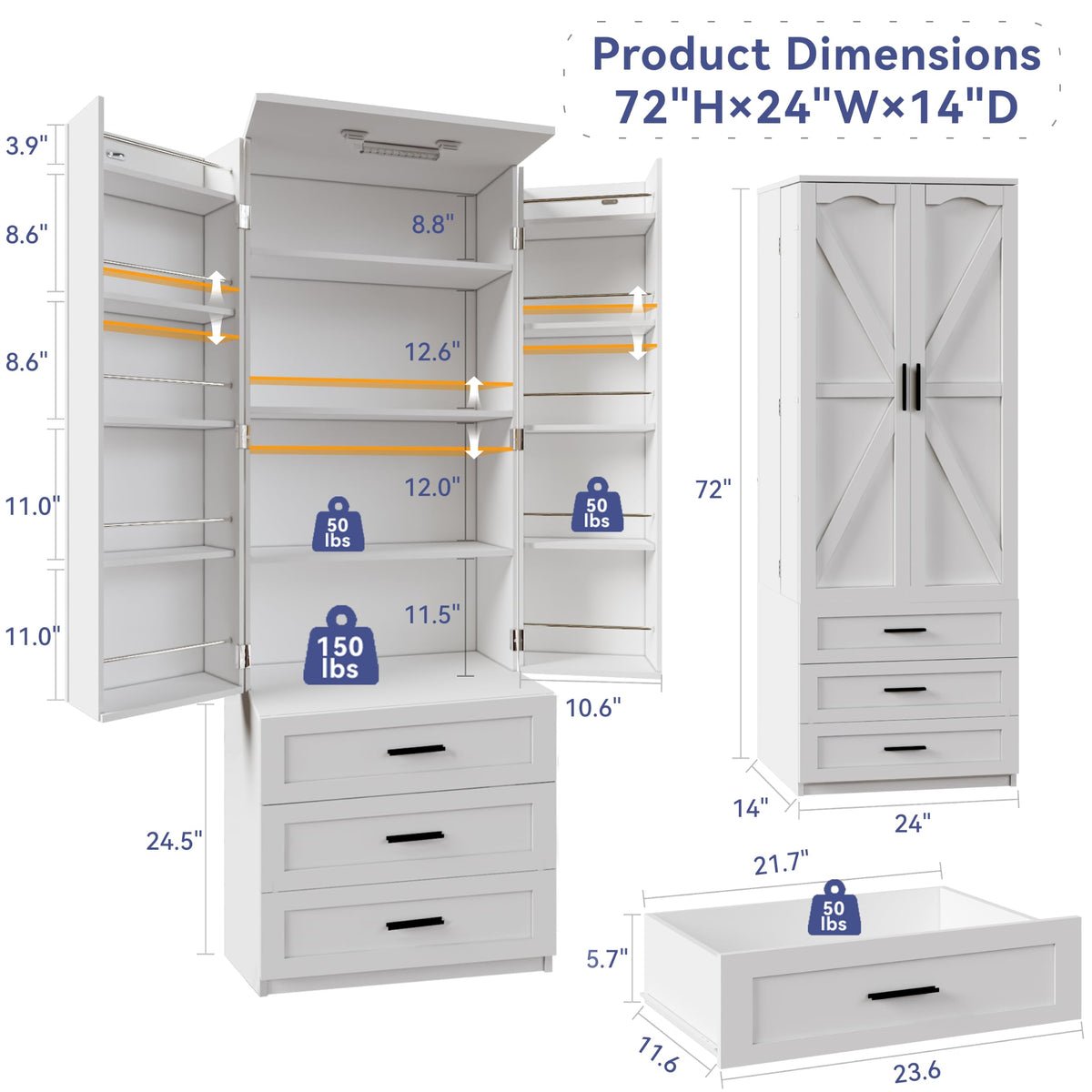 72" Wood Kitchen Pantry Cabinet with 3 Drawers D722429