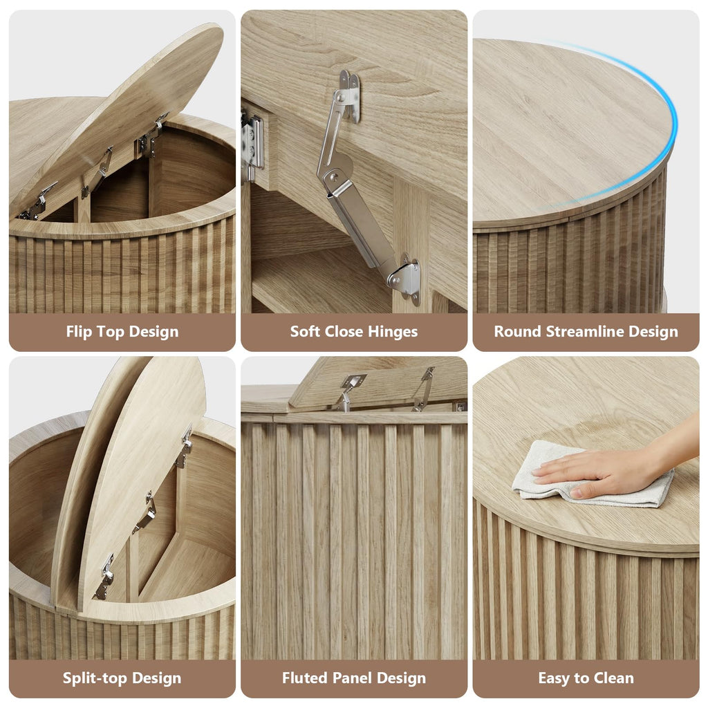 Round Coffee Table with Storage, 35.43" Fluted Center Table N558