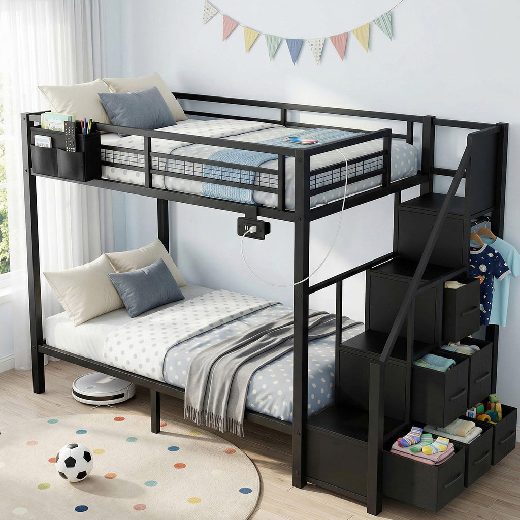 Black Metal Twin Over Twin Bunk Bed with Storage Stairs C570383